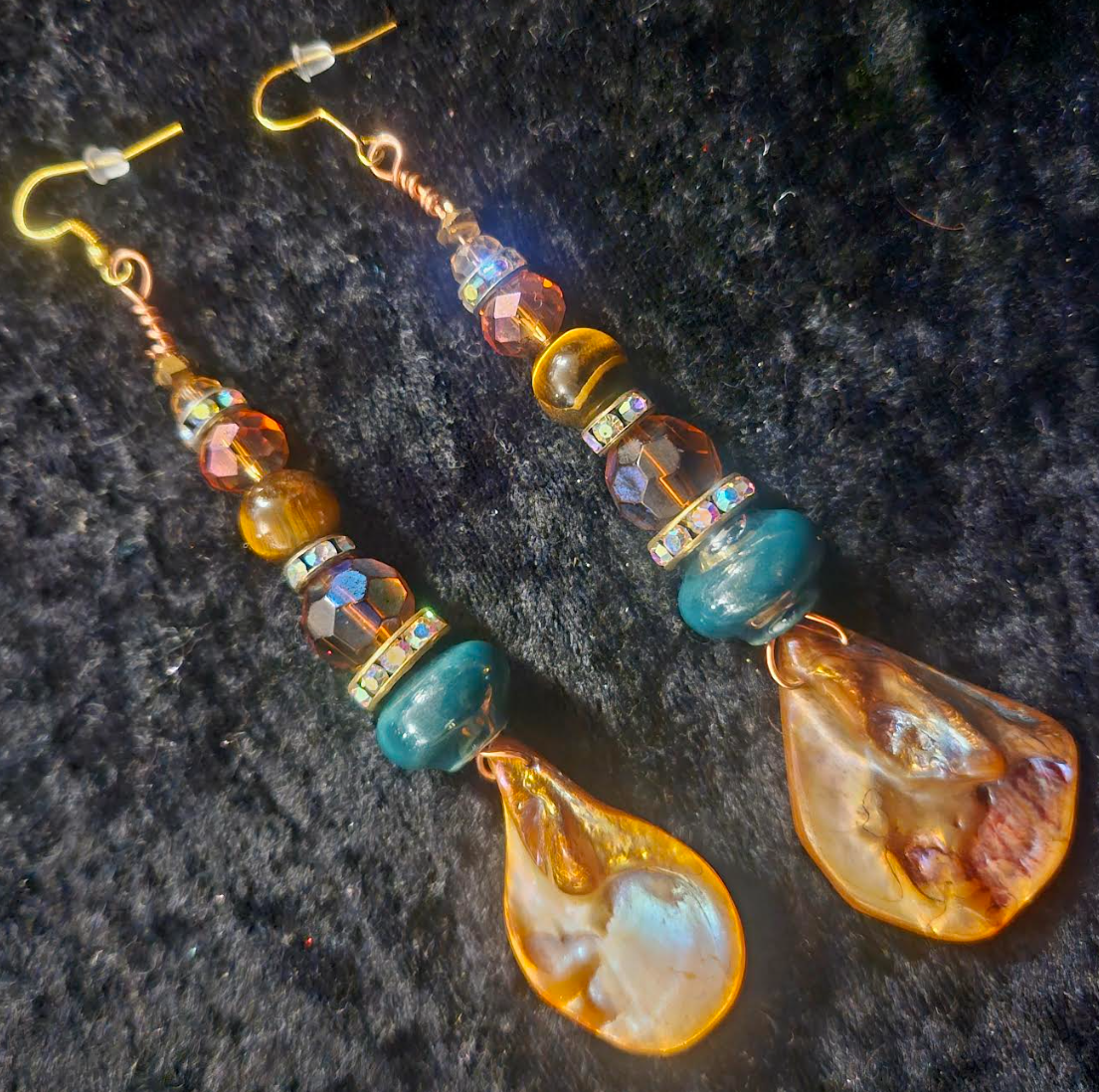 Bronze Abalone Shell & Crystal Beaded Dangle Earrings - Earthy Mixed Media Shoulder Duster Ear Candy - Kat Kouture Jewelry