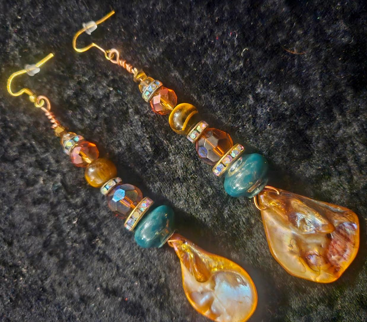 Bronze Abalone Shell & Crystal Beaded Dangle Earrings - Earthy Mixed Media Shoulder Duster Ear Candy - Kat Kouture Jewelry