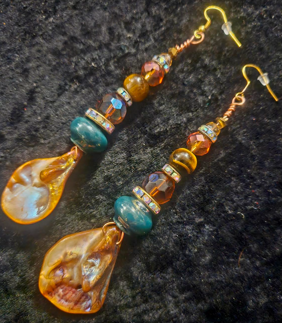 Bronze Abalone Shell & Crystal Beaded Dangle Earrings - Earthy Mixed Media Shoulder Duster Ear Candy - Kat Kouture Jewelry