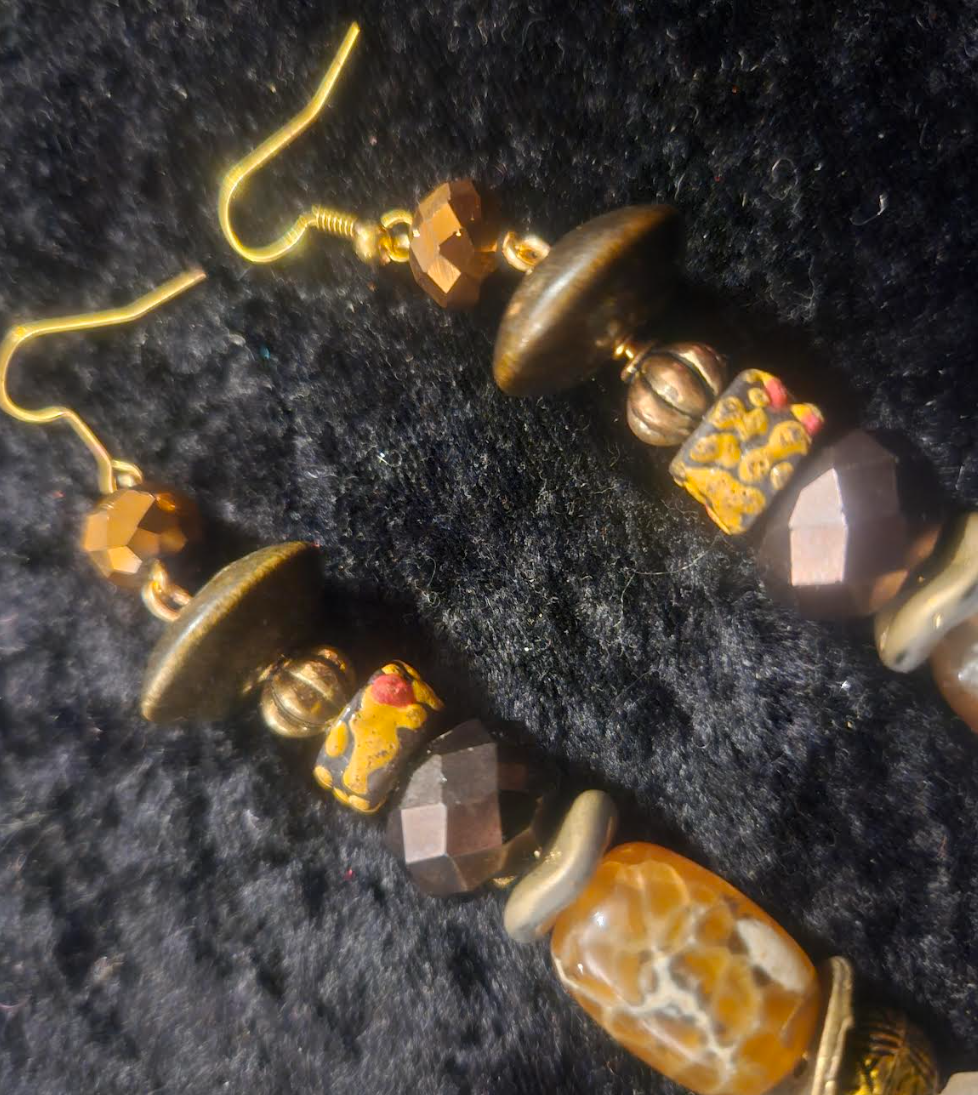 Rough Citrine Agate Glass & Crystal Pierced Earrings - Earthtone Mixed Media Shoulder Dusters - Kat Kouture Jewelry - Ear Candy for Women of Color