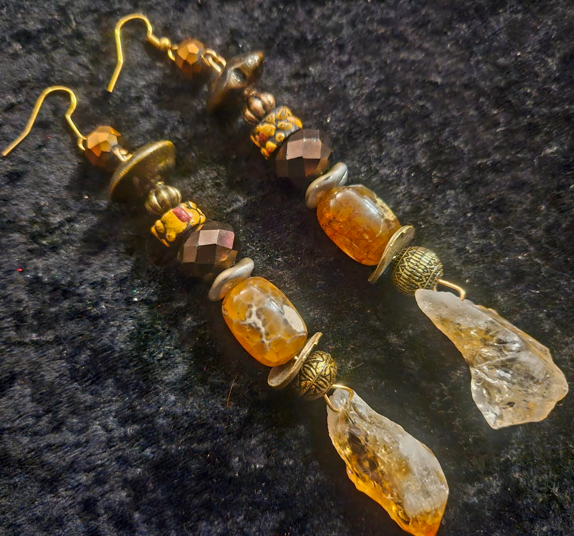 Rough Citrine Agate Glass & Crystal Pierced Earrings - Earthtone Mixed Media Shoulder Dusters - Kat Kouture Jewelry - Ear Candy for Women of Color