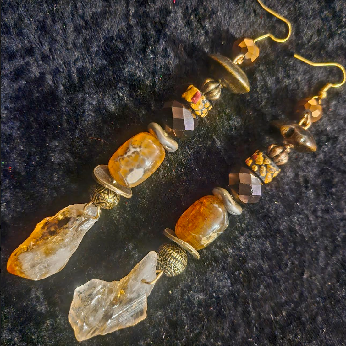 Rough Citrine Agate Glass & Crystal Pierced Earrings - Earthtone Mixed Media Shoulder Dusters - Kat Kouture Jewelry - Ear Candy for Women of Color