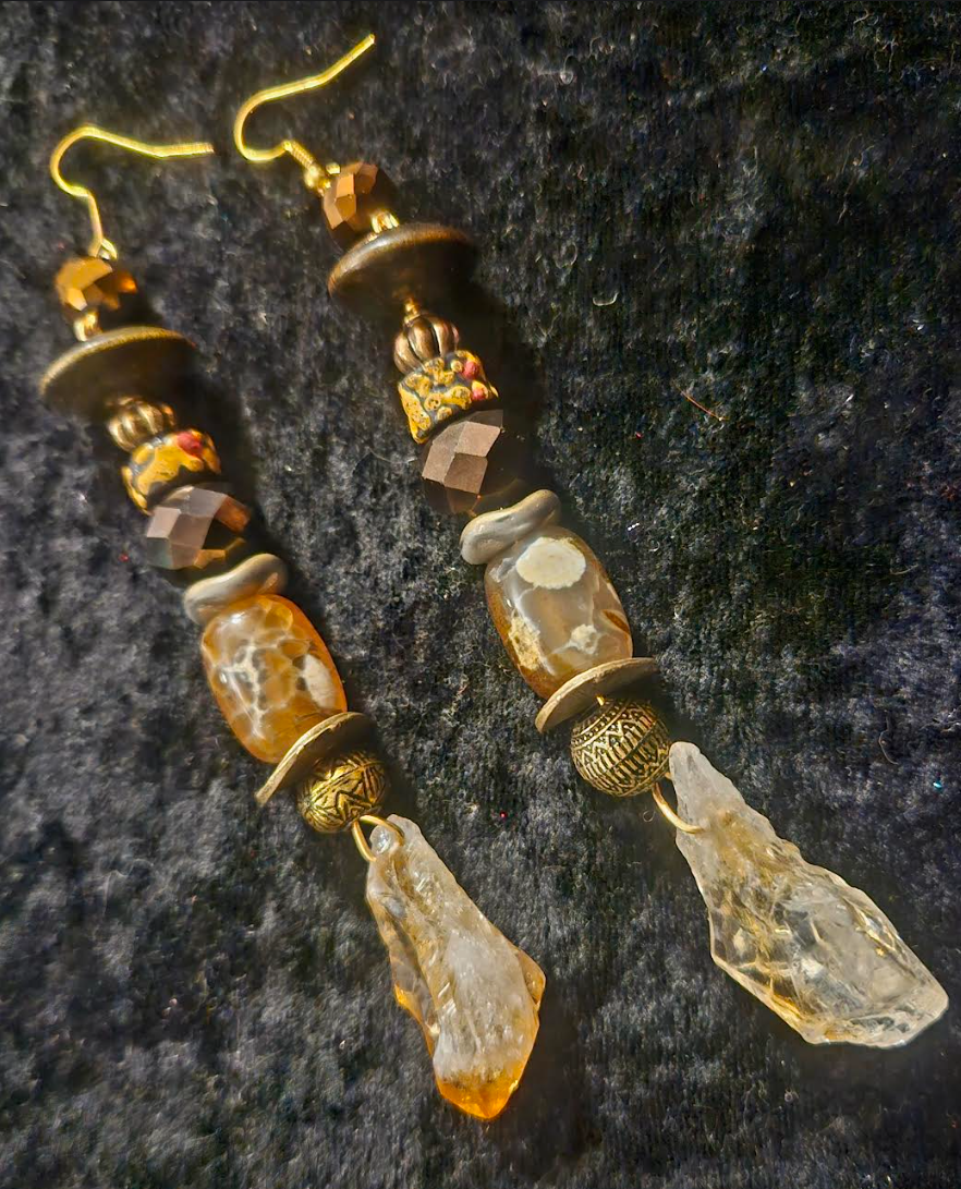 Rough Citrine Agate Glass & Crystal Pierced Earrings - Earthtone Mixed Media Shoulder Dusters - Kat Kouture Jewelry - Ear Candy for Women of Color