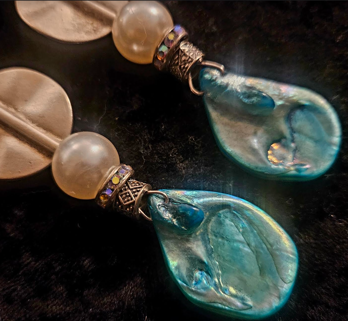 Light Blue Abalone Shell & Faux Pearl Long Pierced Earrings - Blue White and Silver Shoulder Duster Earrings - Kat Kouture Jewelry