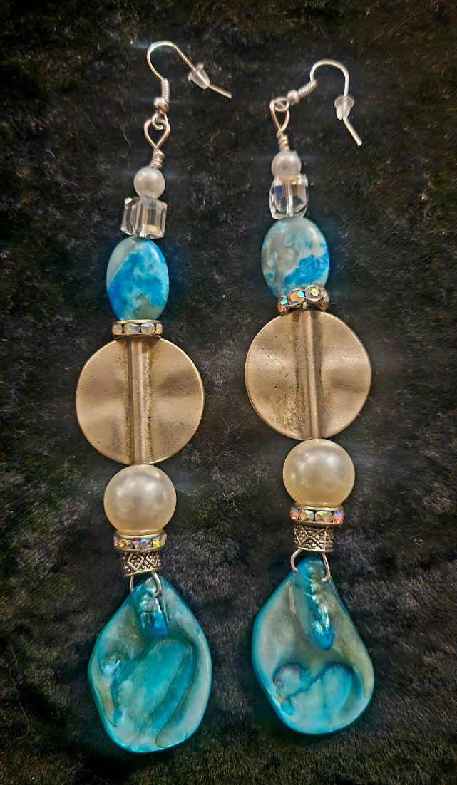 Light Blue Abalone Shell & Faux Pearl Long Pierced Earrings - Blue White and Silver Shoulder Duster Earrings - Kat Kouture Jewelry