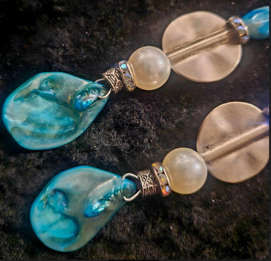 Light Blue Abalone Shell & Faux Pearl Long Pierced Earrings - Blue White and Silver Shoulder Duster Earrings - Kat Kouture Jewelry