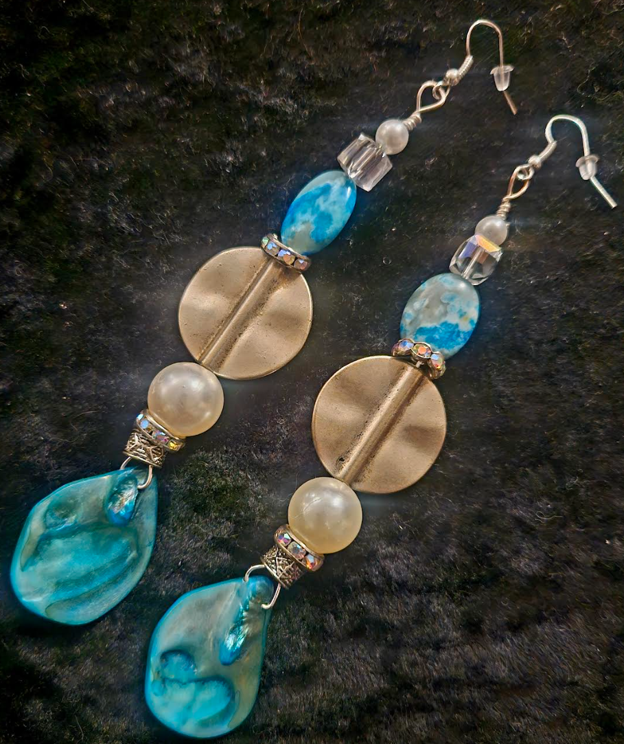 Light Blue Abalone Shell & Faux Pearl Long Pierced Earrings - Blue White and Silver Shoulder Duster Earrings - Kat Kouture Jewelry