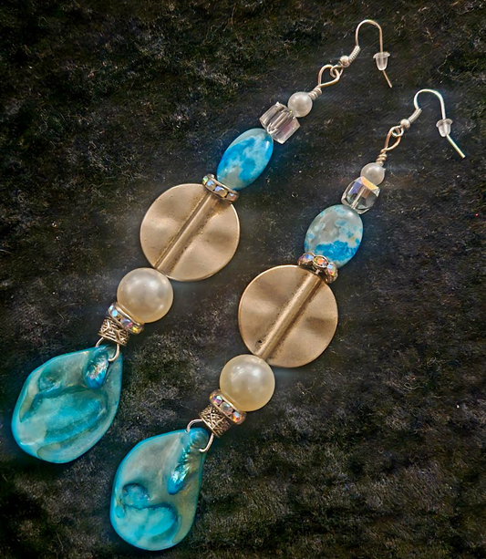 Light Blue Abalone Shell & Faux Pearl Long Pierced Earrings - Blue White and Silver Shoulder Duster Earrings - Kat Kouture Jewelry