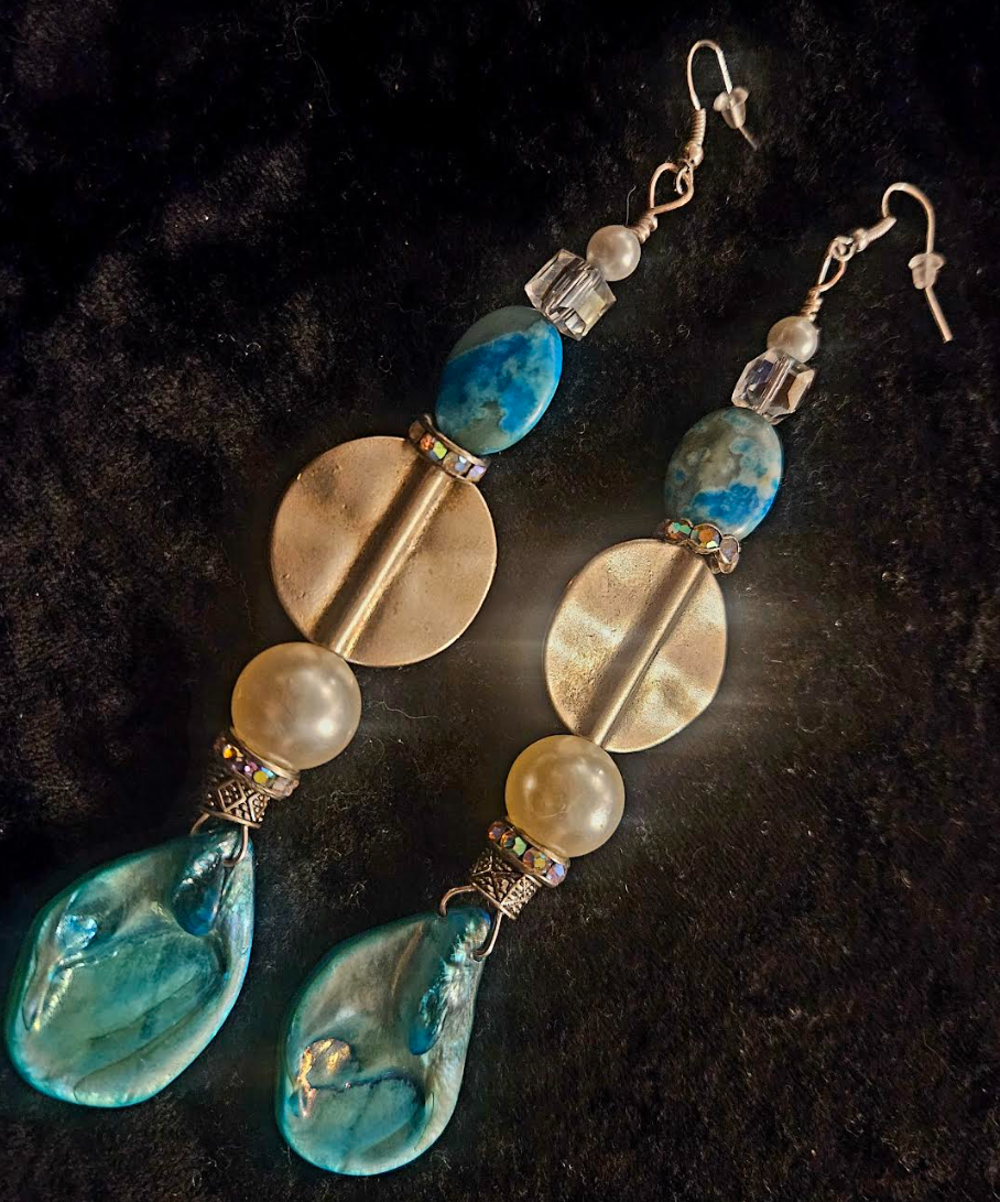 Light Blue Abalone Shell & Faux Pearl Long Pierced Earrings - Blue White and Silver Shoulder Duster Earrings - Kat Kouture Jewelry