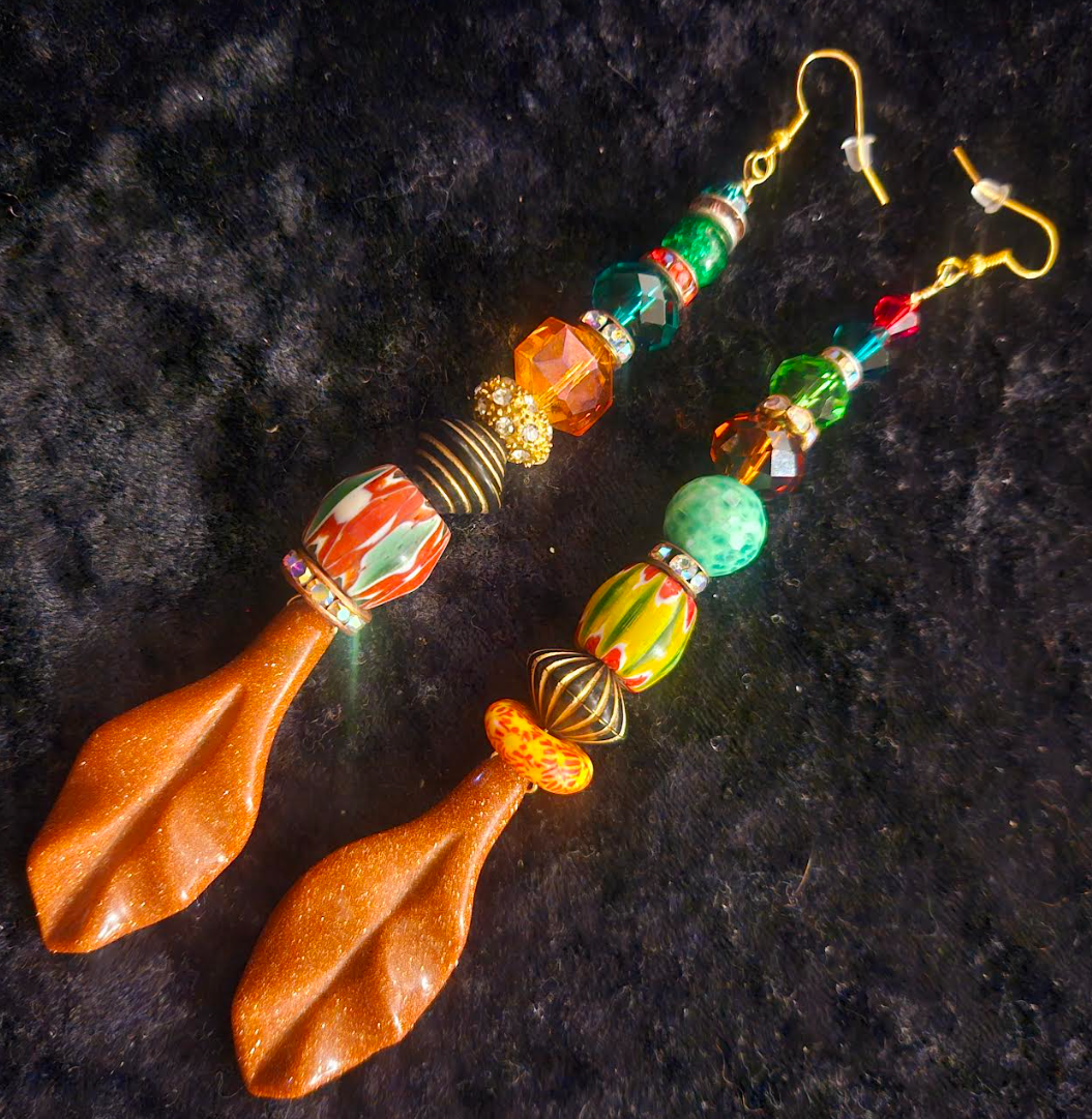 Autumn Leaf Colorful Beaded Shoulder Dusters - Fall Wardrobe Ear Candy Accessory - Kat Kouture Jewelry - Redhead Earrings