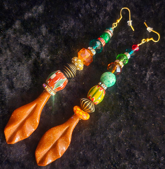 Autumn Leaf Colorful Beaded Shoulder Dusters - Fall Wardrobe Ear Candy Accessory - Kat Kouture Jewelry - Redhead Earrings