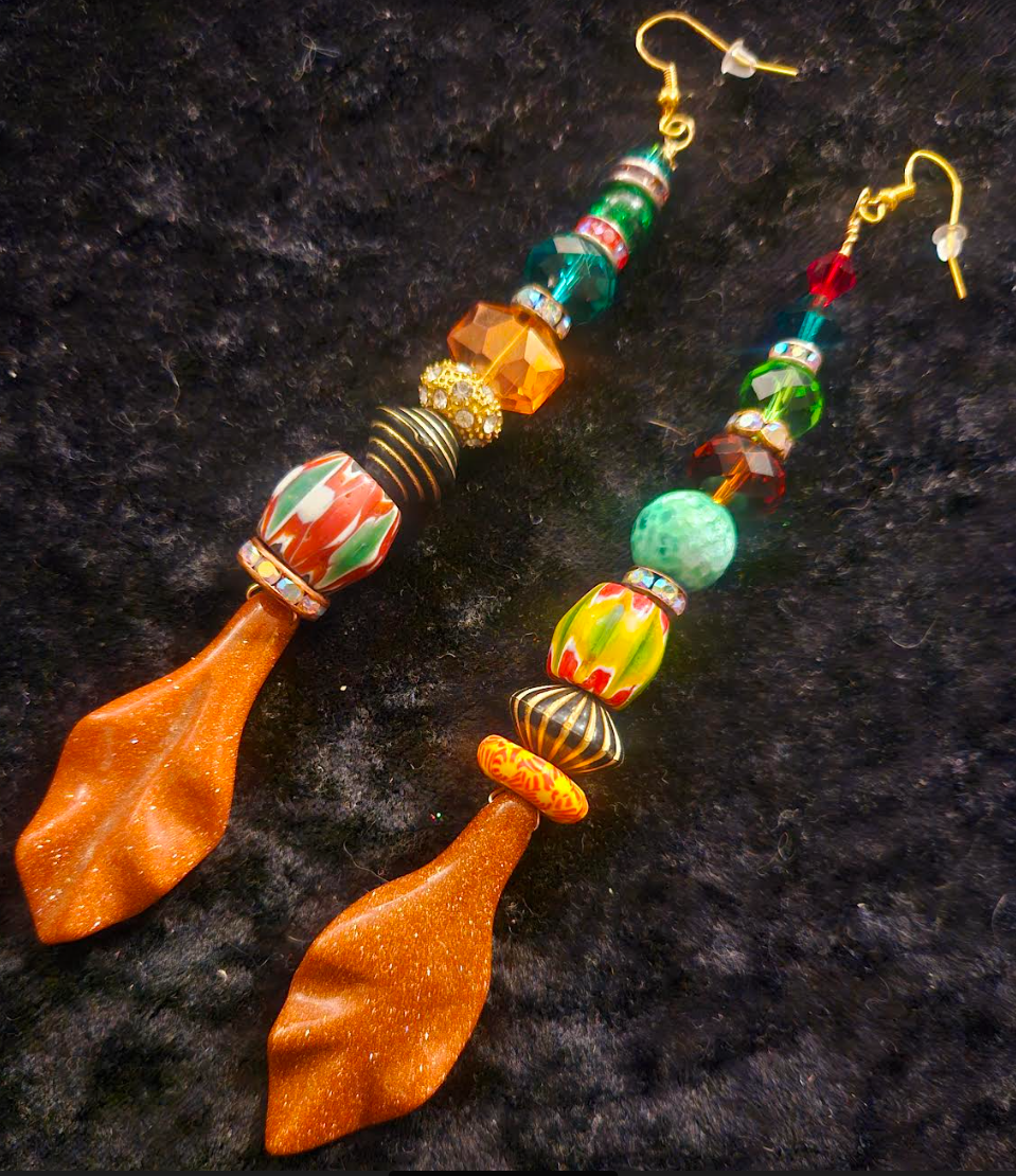 Autumn Leaf Colorful Beaded Shoulder Dusters - Fall Wardrobe Ear Candy Accessory - Kat Kouture Jewelry - Redhead Earrings