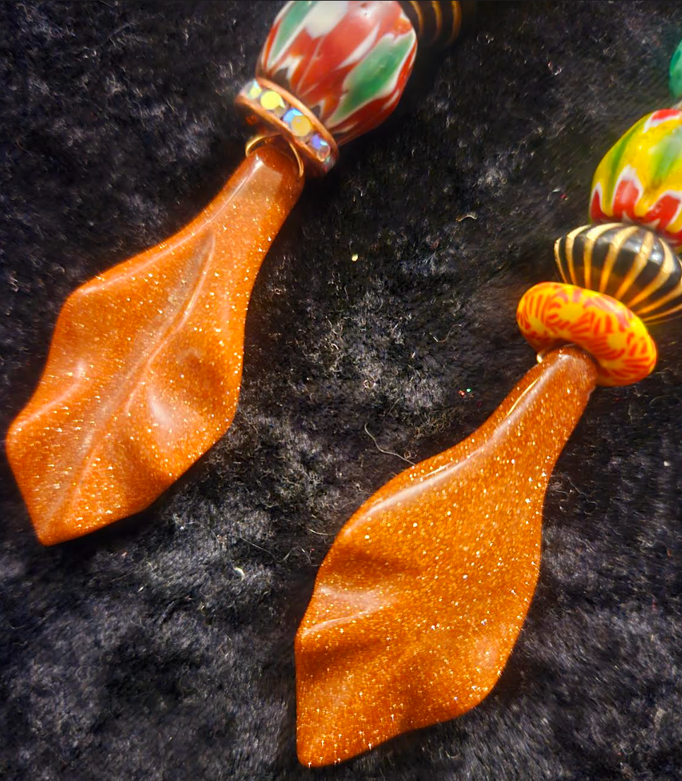 Autumn Leaf Colorful Beaded Shoulder Dusters - Fall Wardrobe Ear Candy Accessory - Kat Kouture Jewelry - Redhead Earrings