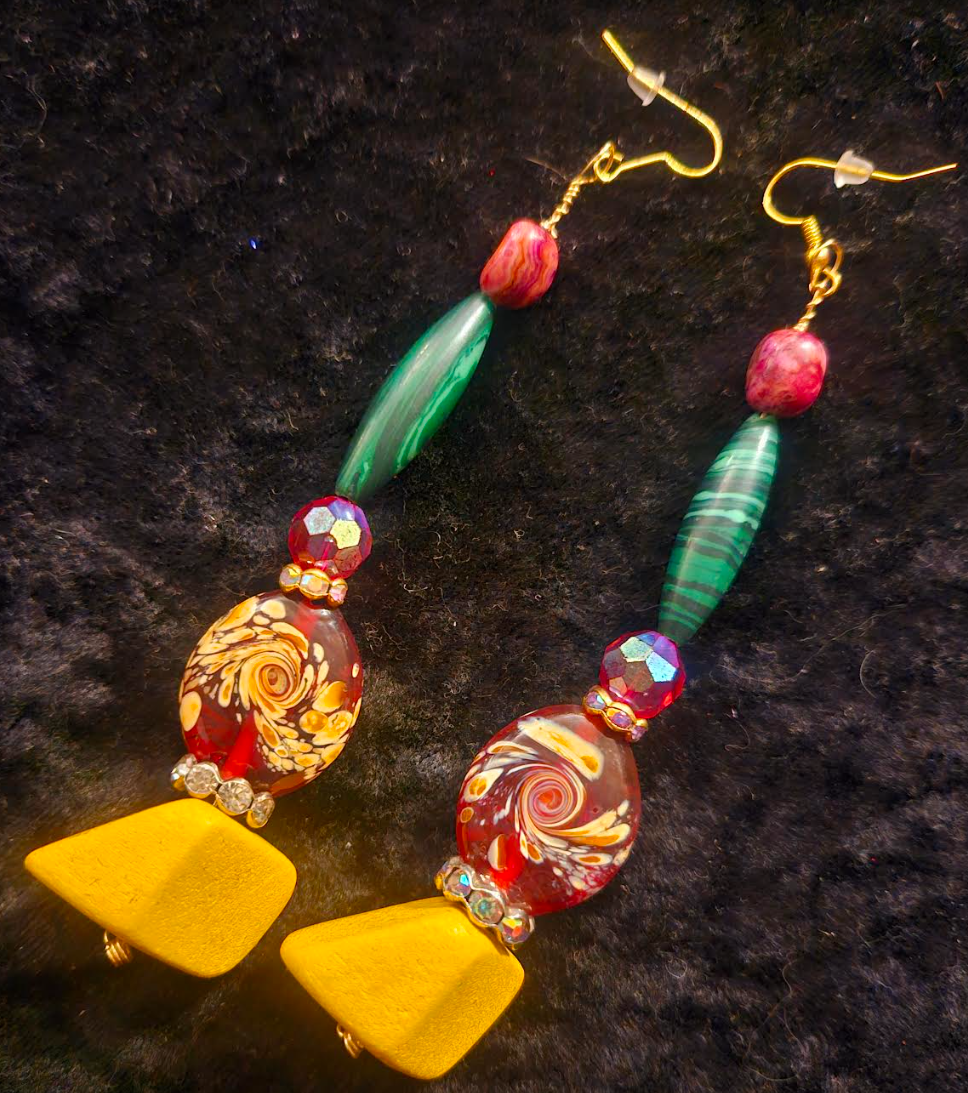 Red Yellow Green & Pink Extra Long Pierced Earrings - Bold Colorful Summer Ear Candy - Kat Kouture Jewelry