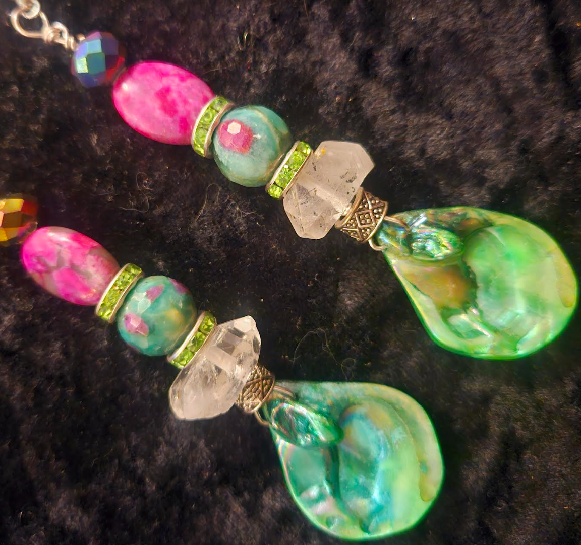 Green Pink & White Mixed Media Pierced Earrings - Ruby Zoisite Quartz and Shell Exotic Dangle Earrings - Kat Kouture Jewelry Designs