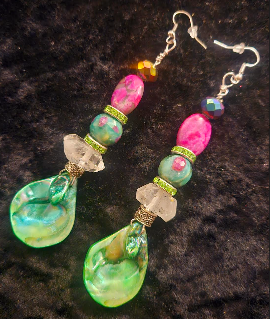 Green Pink & White Mixed Media Pierced Earrings - Ruby Zoisite Quartz and Shell Exotic Dangle Earrings - Kat Kouture Jewelry Designs