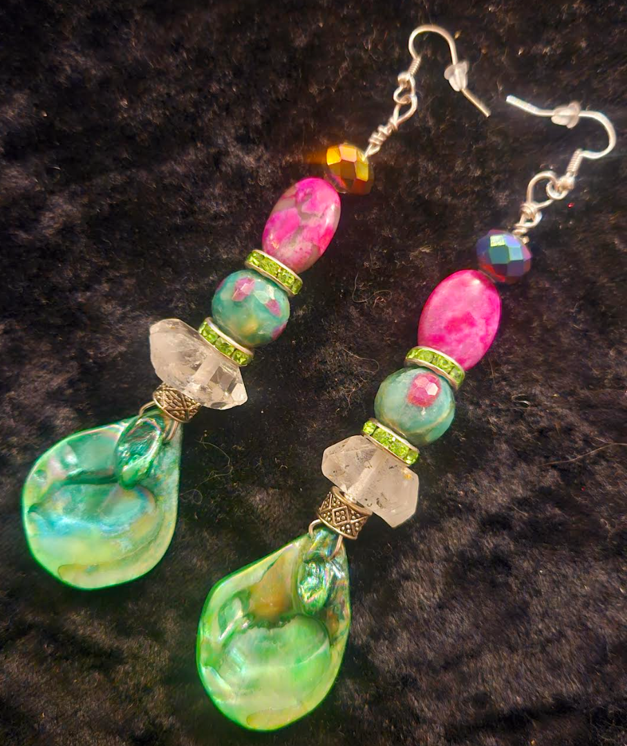 Green Pink & White Mixed Media Pierced Earrings - Ruby Zoisite Quartz and Shell Exotic Dangle Earrings - Kat Kouture Jewelry Designs