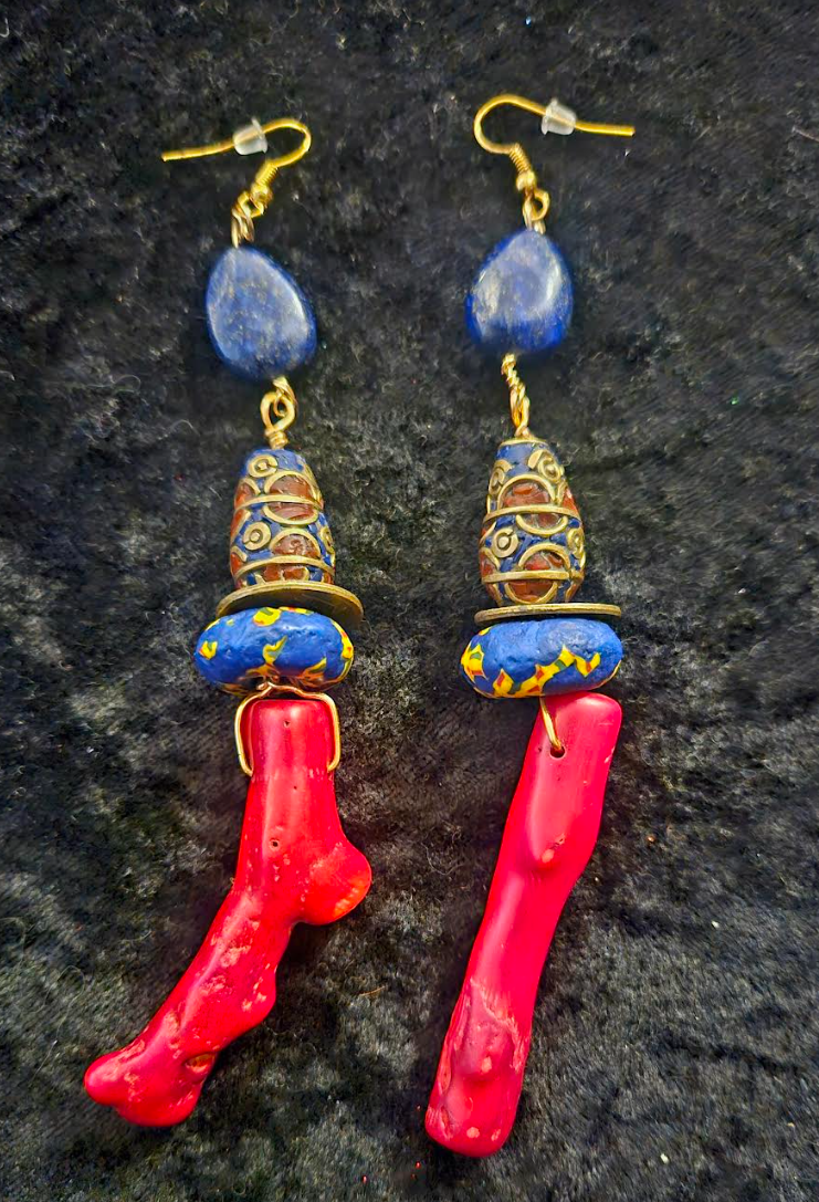 Red Branch Coral & Lapis Shoulder Duster Earrings - Red Blue and Gold Extra Long Exotic Pierced Earrings - Kat Kouture Jewelry