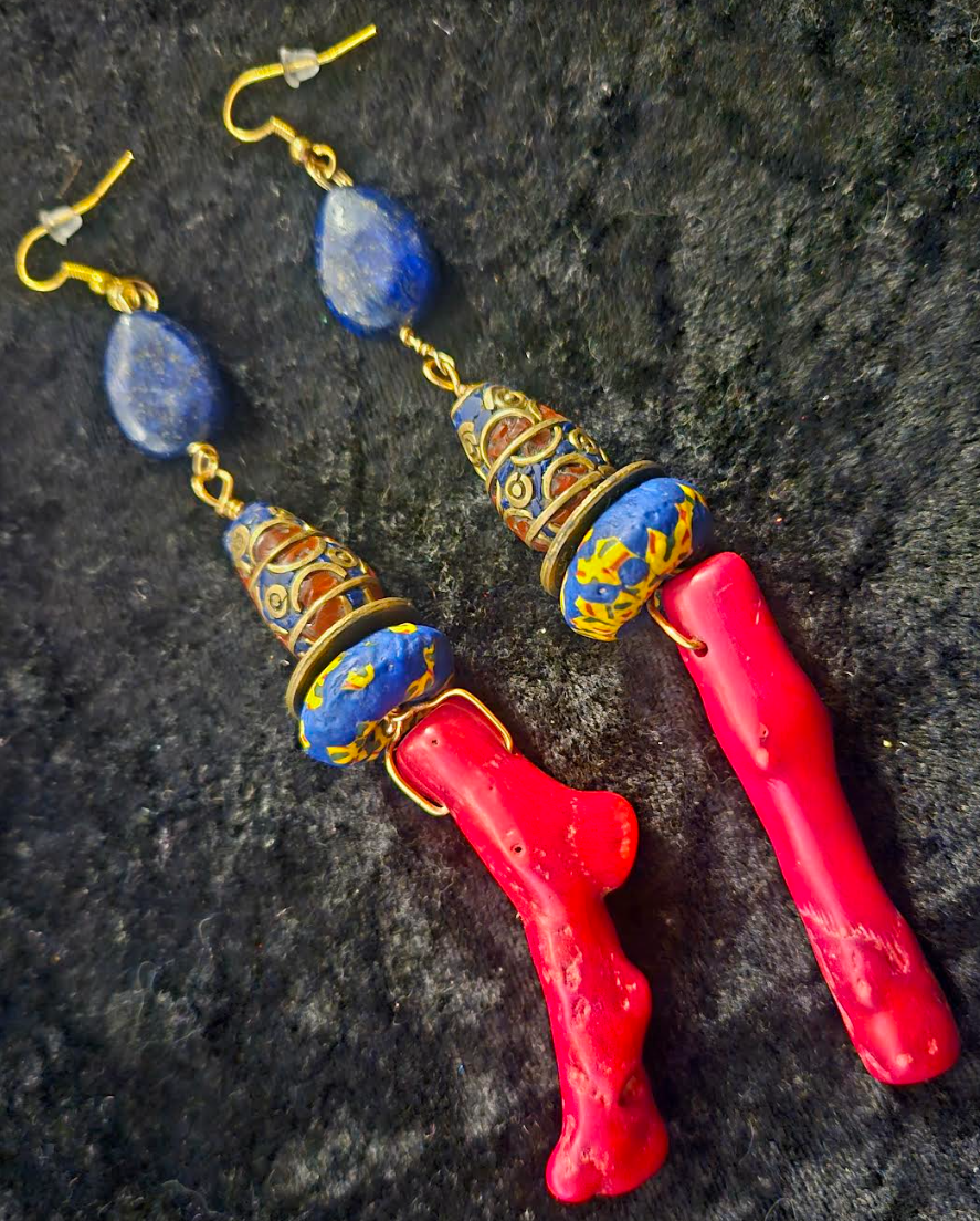 Red Branch Coral & Lapis Shoulder Duster Earrings - Red Blue and Gold Extra Long Exotic Pierced Earrings - Kat Kouture Jewelry