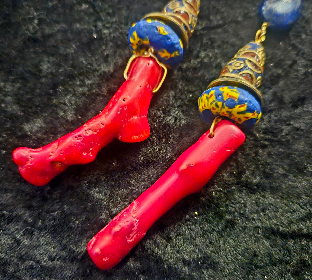 Red Branch Coral & Lapis Shoulder Duster Earrings - Red Blue and Gold Extra Long Exotic Pierced Earrings - Kat Kouture Jewelry