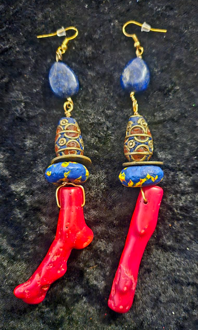 Red Branch Coral & Lapis Shoulder Duster Earrings - Red Blue and Gold Extra Long Exotic Pierced Earrings - Kat Kouture Jewelry