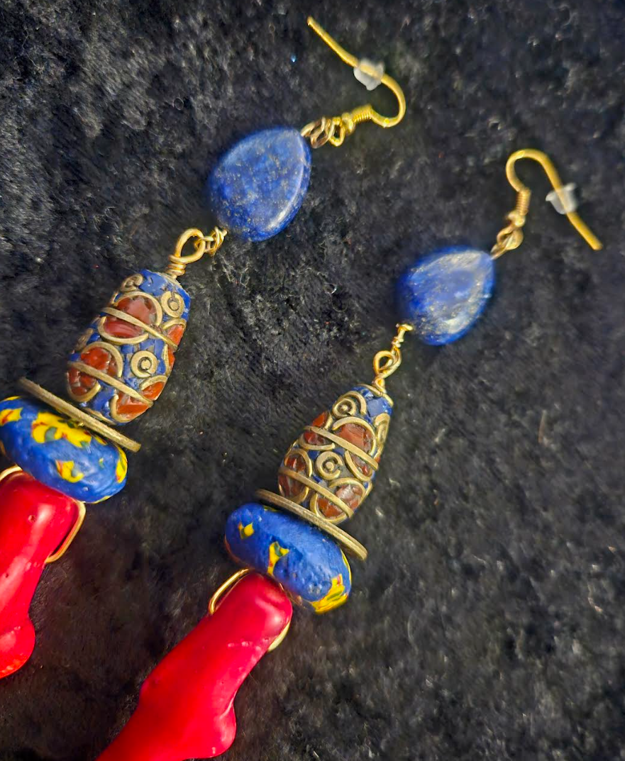 Red Branch Coral & Lapis Shoulder Duster Earrings - Red Blue and Gold Extra Long Exotic Pierced Earrings - Kat Kouture Jewelry