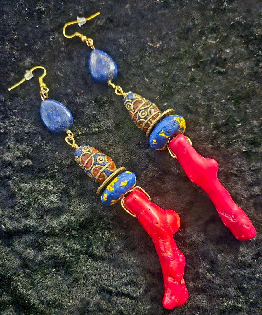 Red Branch Coral & Lapis Shoulder Duster Earrings - Red Blue and Gold Extra Long Exotic Pierced Earrings - Kat Kouture Jewelry