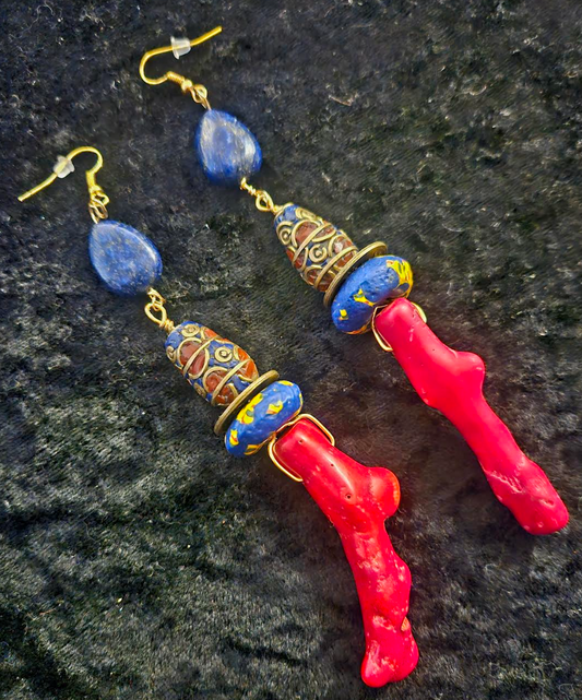 Red Branch Coral & Lapis Shoulder Duster Earrings - Red Blue and Gold Extra Long Exotic Pierced Earrings - Kat Kouture Jewelry