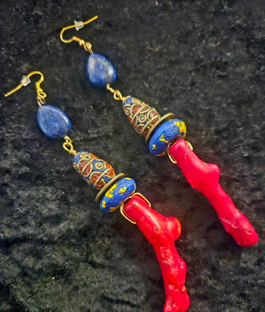 Red Branch Coral & Lapis Shoulder Duster Earrings - Red Blue and Gold Extra Long Exotic Pierced Earrings - Kat Kouture Jewelry