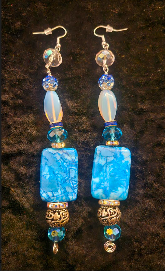 Fancy Blue White & Silver Long Dangle Pierced Earrings - Crazy Lace Crystal and Rhinestone Shoulder Dusters - Kat Kouture Jewelry