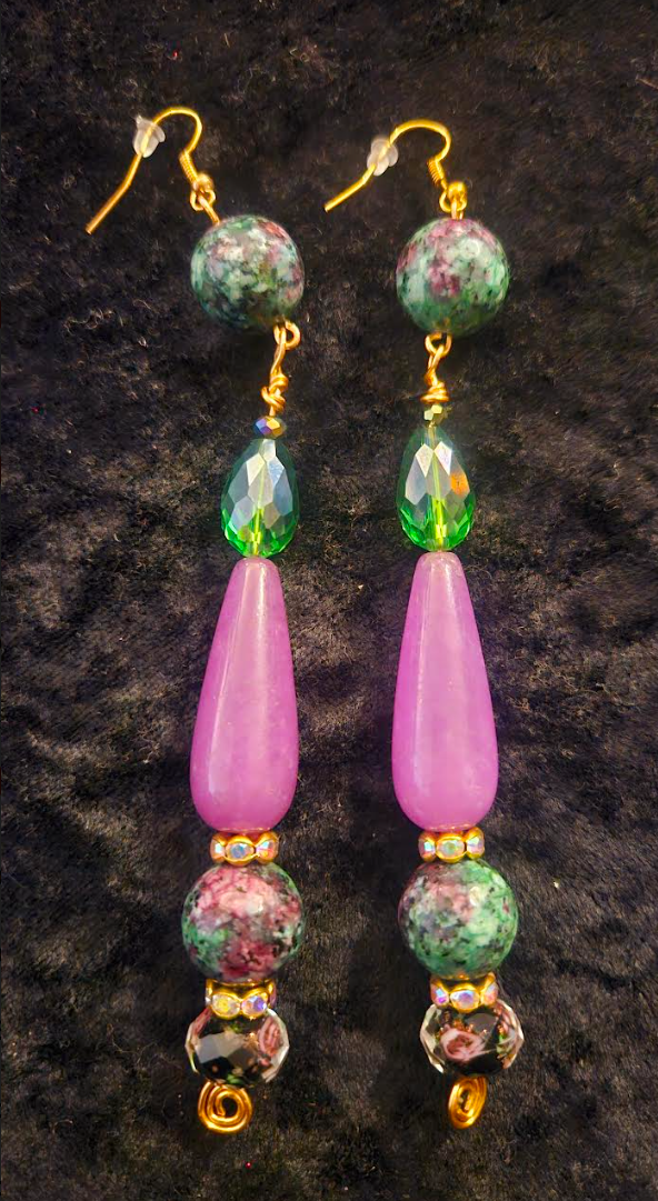 Purple Pink and Green Long Dangle Beaded Pierced Earrings - Ruby Zoisite Jade & Crystal Shoulder Dusters - Kat Kouture Jewelry