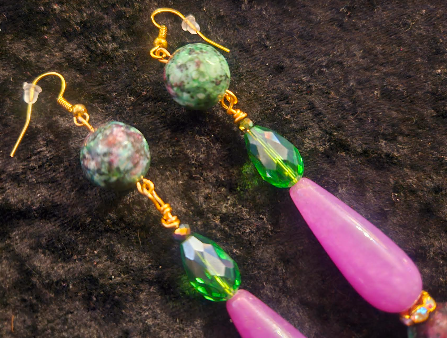 Purple Pink and Green Long Dangle Beaded Pierced Earrings - Ruby Zoisite Jade & Crystal Shoulder Dusters - Kat Kouture Jewelry