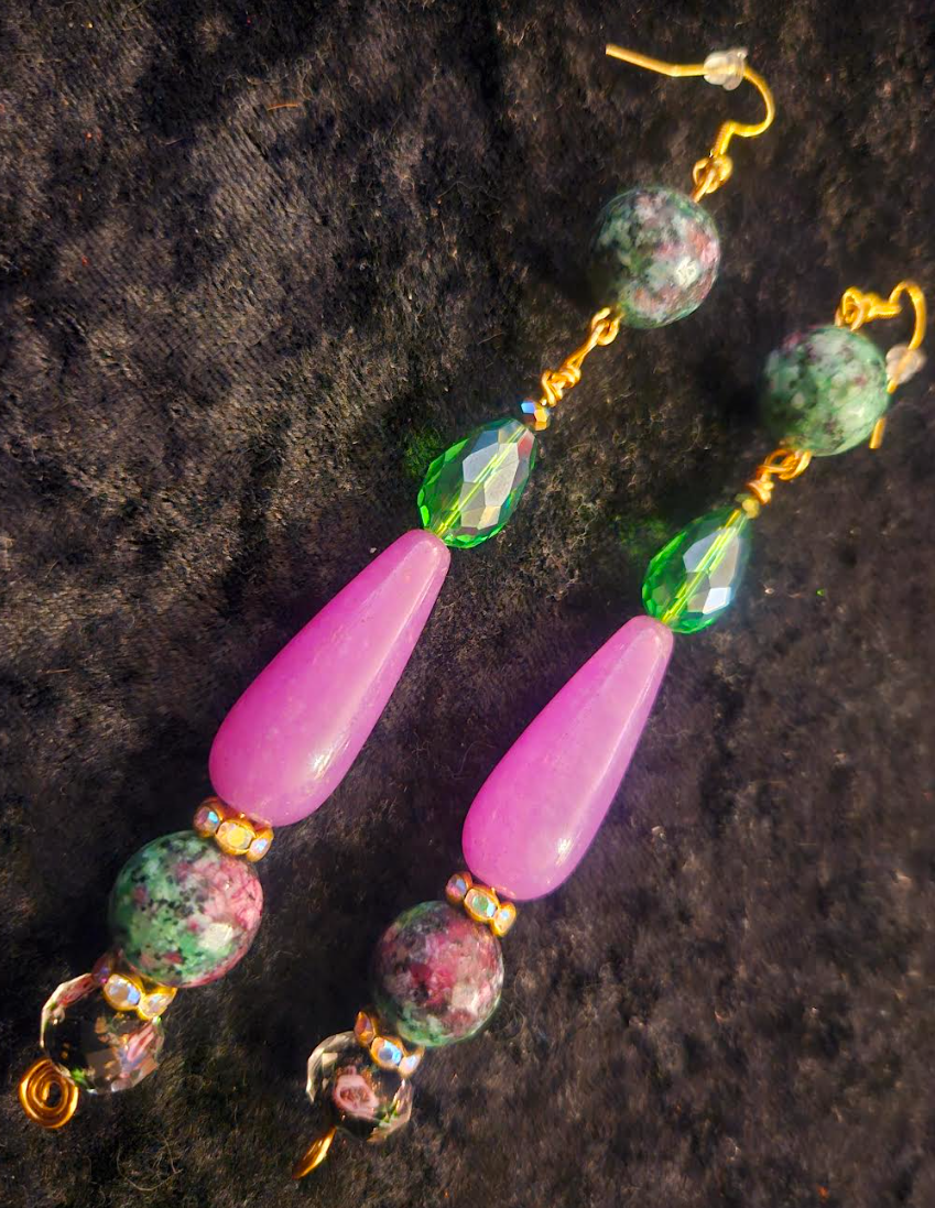 Purple Pink and Green Long Dangle Beaded Pierced Earrings - Ruby Zoisite Jade & Crystal Shoulder Dusters - Kat Kouture Jewelry