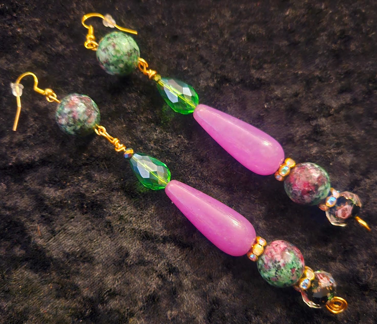 Purple Pink and Green Long Dangle Beaded Pierced Earrings - Ruby Zoisite Jade & Crystal Shoulder Dusters - Kat Kouture Jewelry