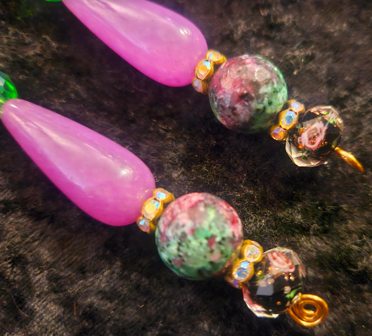 Purple Pink and Green Long Dangle Beaded Pierced Earrings - Ruby Zoisite Jade & Crystal Shoulder Dusters - Kat Kouture Jewelry