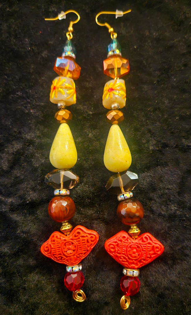 Asian Inspired Carved Cinnabar Long Beaded Pierced Earrings - Autumn Shoulder Dusters - Red Yellow Orange and Brown Dangle Earrings - Kat Kouture Jewelry