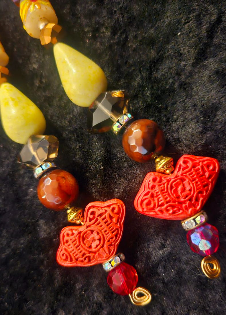 Asian Inspired Carved Cinnabar Long Beaded Pierced Earrings - Autumn Shoulder Dusters - Red Yellow Orange and Brown Dangle Earrings - Kat Kouture Jewelry