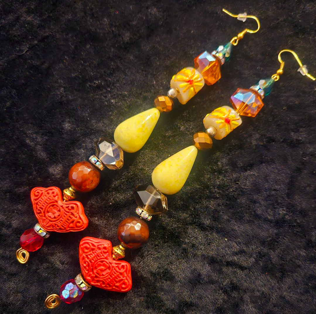 Asian Inspired Carved Cinnabar Long Beaded Pierced Earrings - Autumn Shoulder Dusters - Red Yellow Orange and Brown Dangle Earrings - Kat Kouture Jewelry