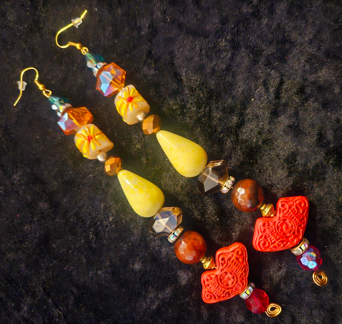 Asian Inspired Carved Cinnabar Long Beaded Pierced Earrings - Autumn Shoulder Dusters - Red Yellow Orange and Brown Dangle Earrings - Kat Kouture Jewelry