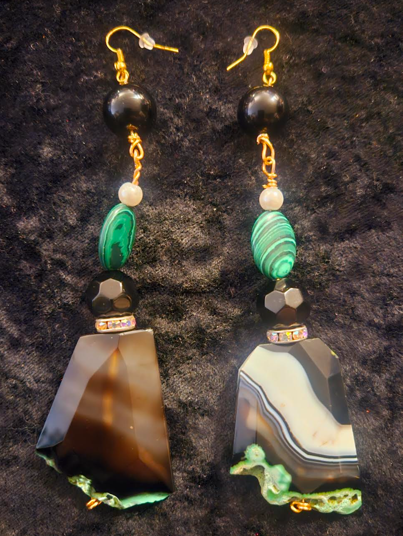 Black Green & White Faceted Agate and Malachite Pierced Earrings - Gemstone Shoulder Dusters - Kat Kouture Jewelry