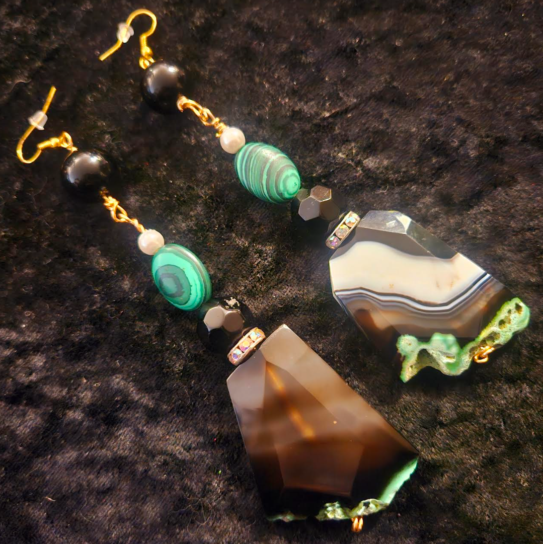 Black Green & White Faceted Agate and Malachite Pierced Earrings - Gemstone Shoulder Dusters - Kat Kouture Jewelry