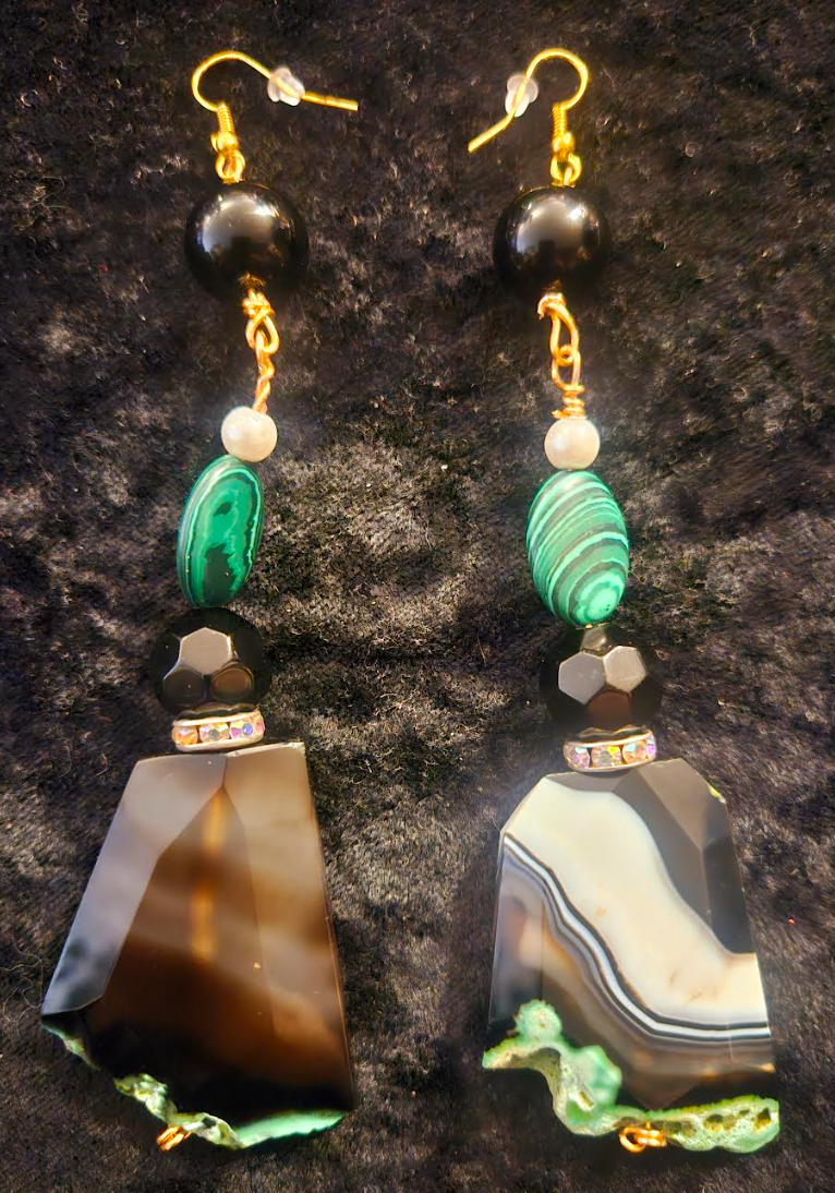 Black Green & White Faceted Agate and Malachite Pierced Earrings - Gemstone Shoulder Dusters - Kat Kouture Jewelry