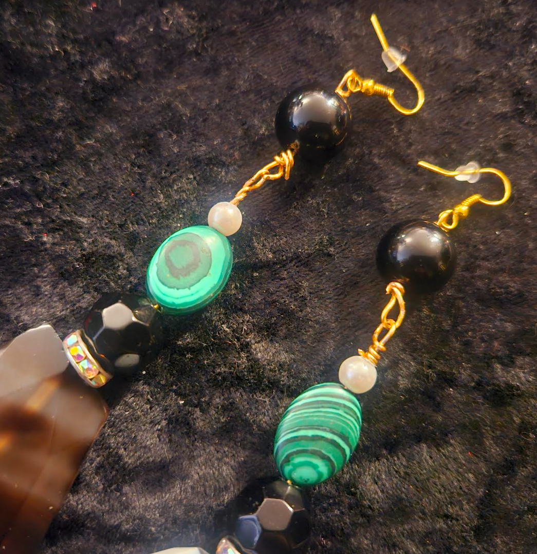 Black Green & White Faceted Agate and Malachite Pierced Earrings - Gemstone Shoulder Dusters - Kat Kouture Jewelry