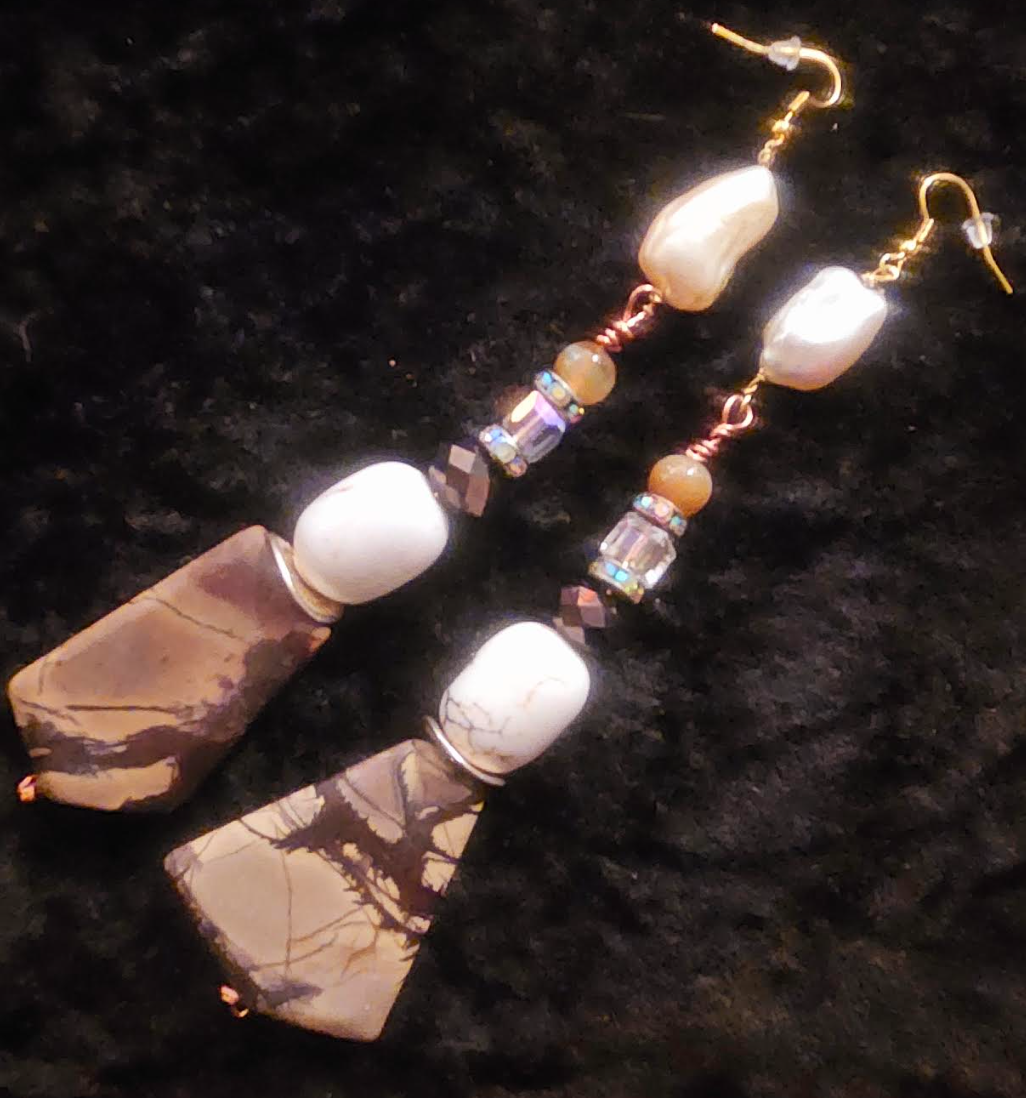 Earthy Jasper Magnesite & Shell Long Pierced Earrings - Brown and White Mixed Media Shoulder Dusters - Kat Kouture Jewelry