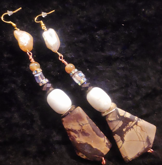 Earthy Jasper Magnesite & Shell Long Pierced Earrings - Brown and White Mixed Media Shoulder Dusters - Kat Kouture Jewelry