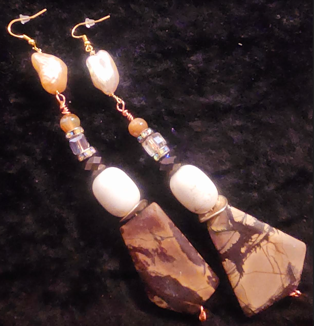 Earthy Jasper Magnesite & Shell Long Pierced Earrings - Brown and White Mixed Media Shoulder Dusters - Kat Kouture Jewelry