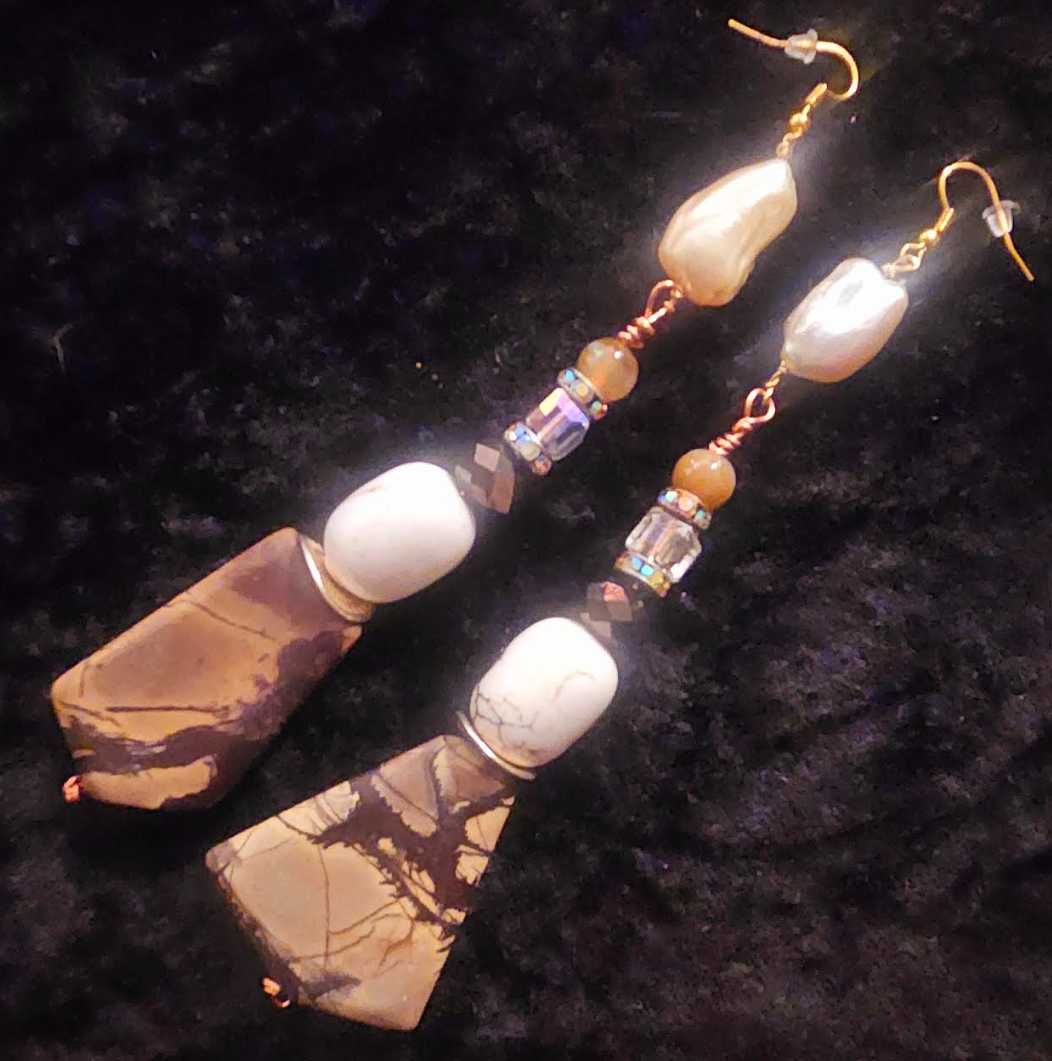 Earthy Jasper Magnesite & Shell Long Pierced Earrings - Brown and White Mixed Media Shoulder Dusters - Kat Kouture Jewelry