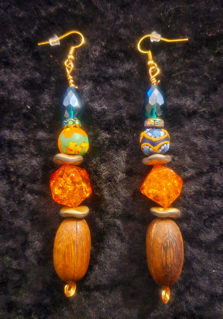 Brown Green & Orange Beaded Drop Pierced Earrings - Autumn Wardrobe Dangle Drop Earrings - Women of Color Ear Candy - Kat Kouture Jewerly