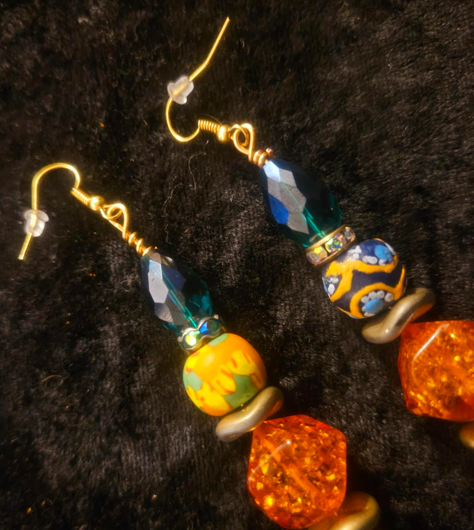 Brown Green & Orange Beaded Drop Pierced Earrings - Autumn Wardrobe Dangle Drop Earrings - Women of Color Ear Candy - Kat Kouture Jewerly