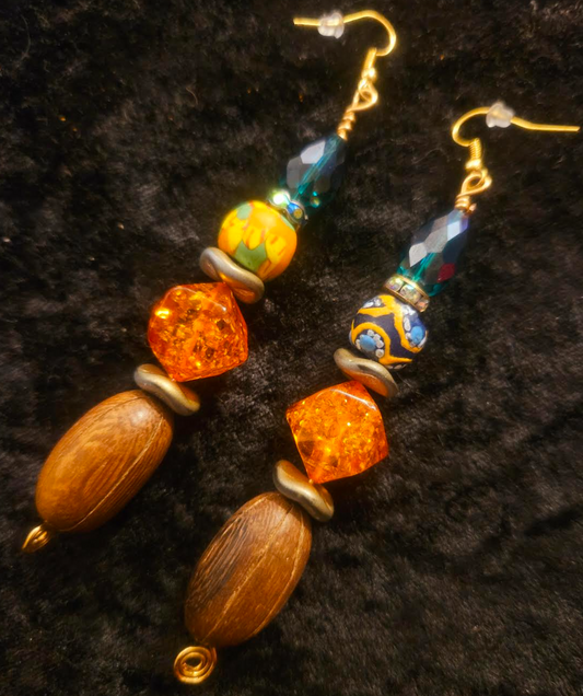 Brown Green & Orange Beaded Drop Pierced Earrings - Autumn Wardrobe Dangle Drop Earrings - Women of Color Ear Candy - Kat Kouture Jewerly